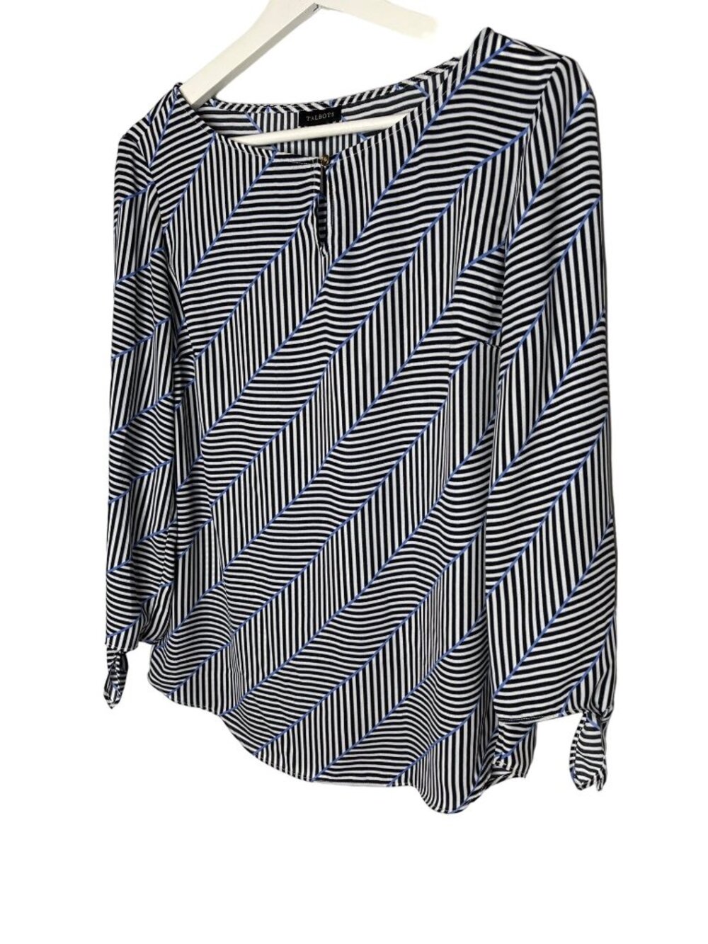 Talbots Blouse Womens Small Black Blue Stripe Tie Sleeve Peasant Preppy Top